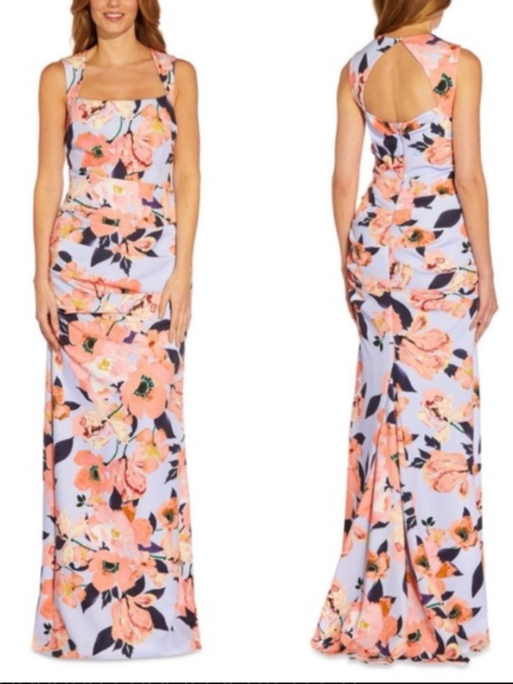 NWT Adrianna Papell Floral Maxi Dress 24W Plus Cutout Back Ruched Detailing